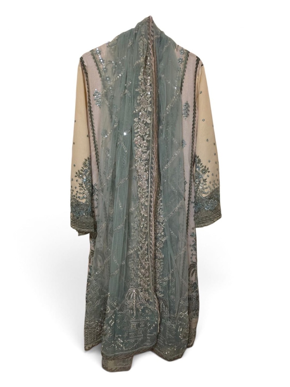 Embroidered Shalwar Kameez in Sage Green.